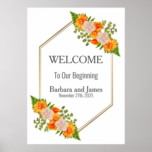 Poster Mariage floral orange bleu or géométrique (Devant)