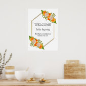 Poster Mariage floral orange bleu or géométrique (Cuisine)