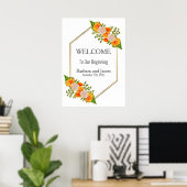 Poster Mariage floral orange bleu or géométrique (Bureau à domicile)