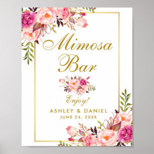 Poster Mariage Floral Pink Gold Mimosa Bar