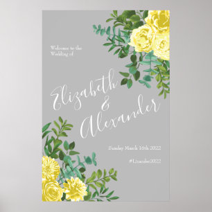 Poster Mariage floral Rose gris et jaune clair