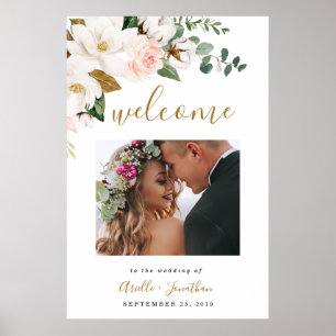 Poster Mariage floral rose pâle - or noir - Mot de bienve
