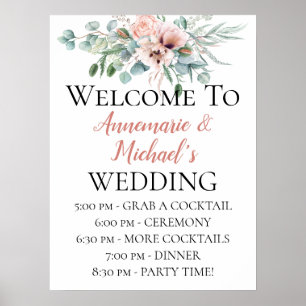 Poster Mariage floral rose rose pâle Bienvenue
