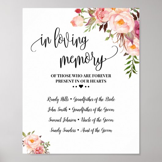 Poster Mariage floral rose souvenir en souvenir affectueu (Devant)