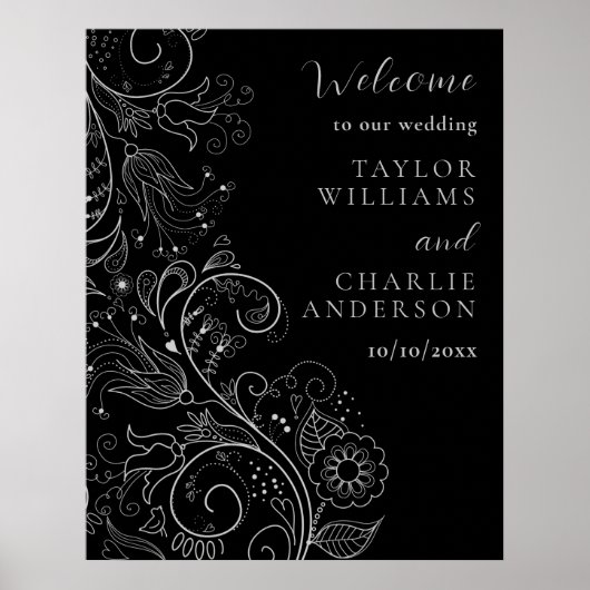 Poster Mariage floral soyeux et noir (Devant)