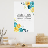 Poster Mariage floral turquoise et jaune Accueil (Cuisine)