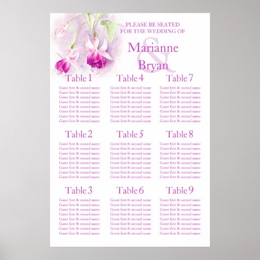 Poster Mariage fuchsia violet Plannière de table 1-9 (Devant)