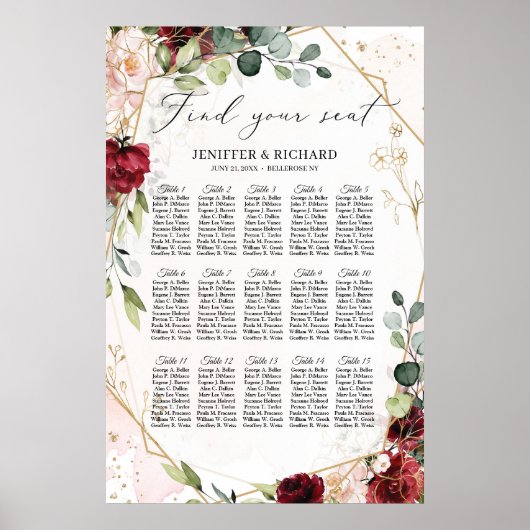 Poster Mariage géométrique à fleurs bordeaux (Devant)