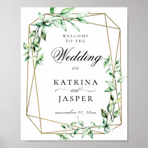 Poster Mariage géométrique verdoyant Gold Bienvenue