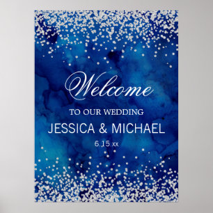 Poster Mariage Glitter Argent Aquarelle Bleu Marine