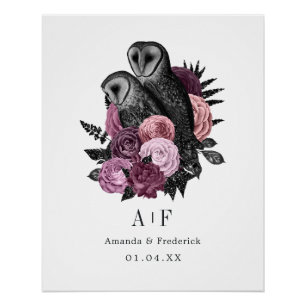 Poster Mariage gothique glamour floral mauve de hiboux