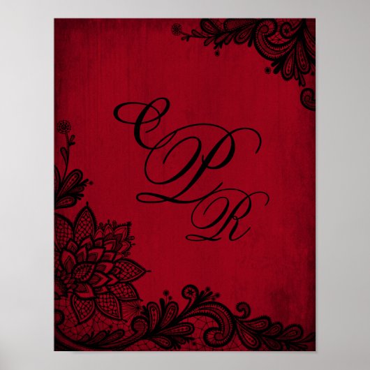 Poster Mariage Gothique Rouge Grunge Monogramme Noir Brod (Devant)