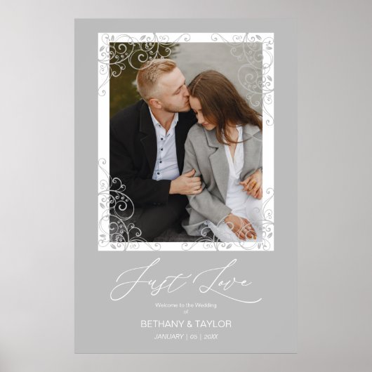 Poster Mariage gris Bienvenue Just Love Citation Photo (Devant)
