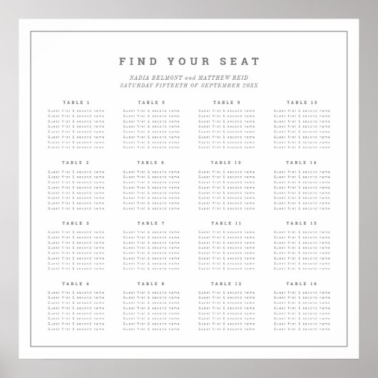 Poster Mariage gris blanc minimal 16 tables (Devant)