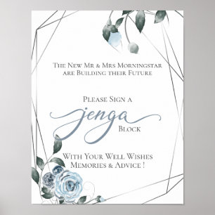 Poster Mariage GuestBook Jenga Dusty Blue Floral Sign 2