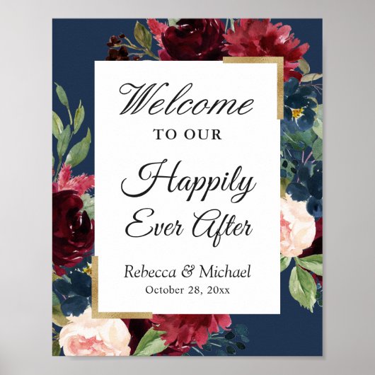 Poster Mariage Heureux Jamais Après Burgundy Blue Floral (Devant)