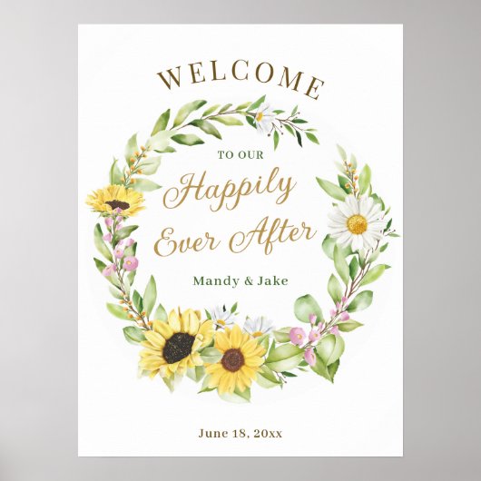 Poster Mariage Heureux Jamais Après Sunflower Daisy Bienv (Devant)