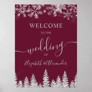 Poster Mariage hivernal de Noël en pin rouge neige argent