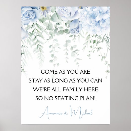 Poster Mariage Hydrangeas Roses Bleues Sans Plan de Table (Devant)