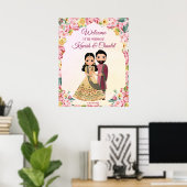 Poster Mariage indien à fleurs roses avec couple indien (Bureau à domicile)