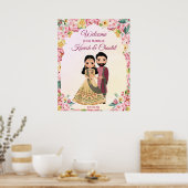 Poster Mariage indien à fleurs roses avec couple indien (Cuisine)