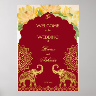 Poster Mariage indien marron or éléphant lotus bienvenue