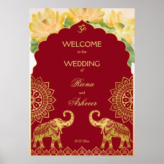 Poster Mariage indien marron or éléphant lotus bienvenue (Devant)