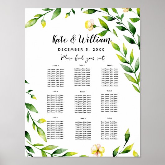 Poster mariage jaune floral Plan de table partie/mariage (Devant)
