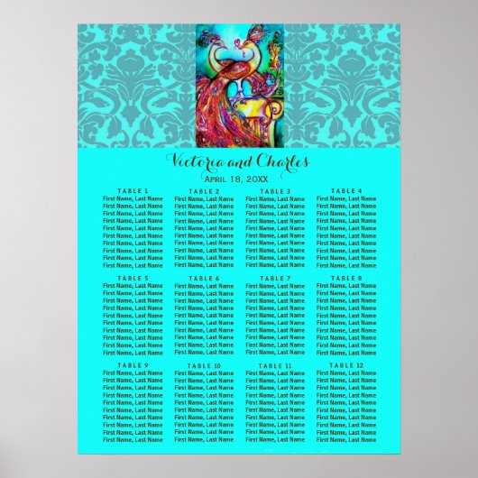 Poster MARIAGE LOVE PEACOCKS Blue Damask Seize Chart (Devant)