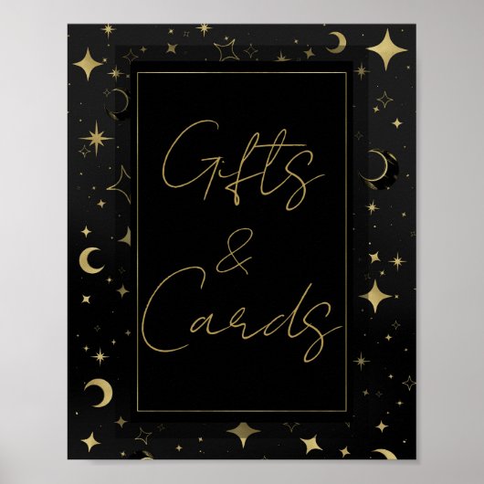 Poster Mariage Lune Étoiles Célestes Noir & Or (Devant)