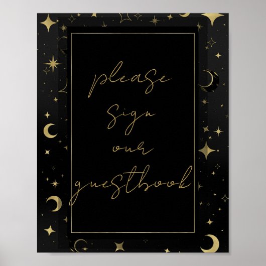 Poster Mariage Lune Étoiles Célestes Noir & Or (Devant)