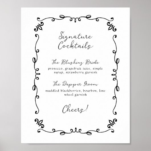 Poster Mariage manuscrit doux Signature Cocktail Menu (Devant)