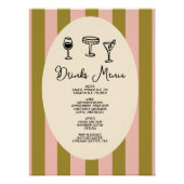 Poster Mariage « Menu des Boissons » rayé vert et rose te (Devant)
