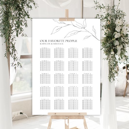 Poster Mariage minimaliste en feuilles d'olive 20 places