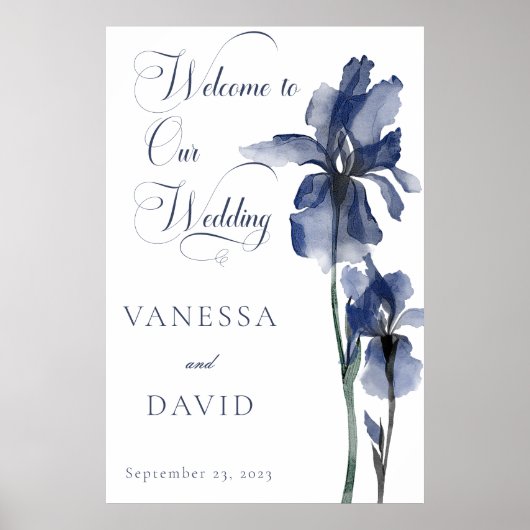 Poster Mariage moderne à fleurs bleu Iris (Devant)