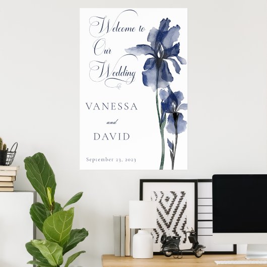 Poster Mariage moderne à fleurs bleu Iris (Bureau à domicile)