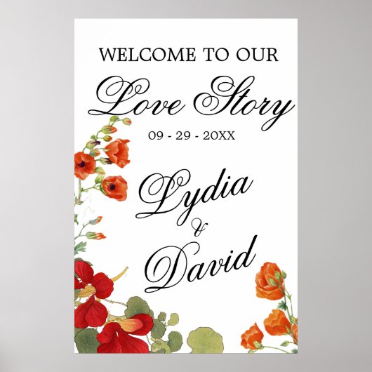 Poster Mariage Moderne Accueil Élégant Floral Orange (Devant)