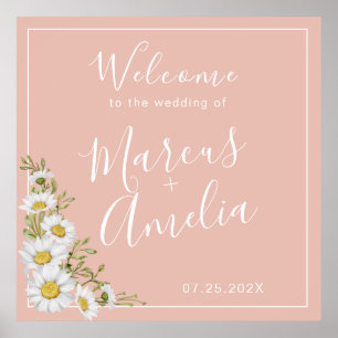 Poster Mariage moderne Blush & White Daisers Bienvenue