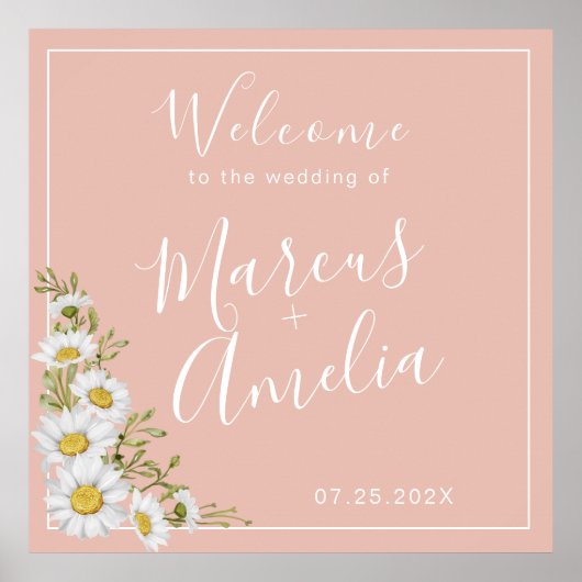 Poster Mariage moderne Blush & White Daisers Bienvenue (Devant)