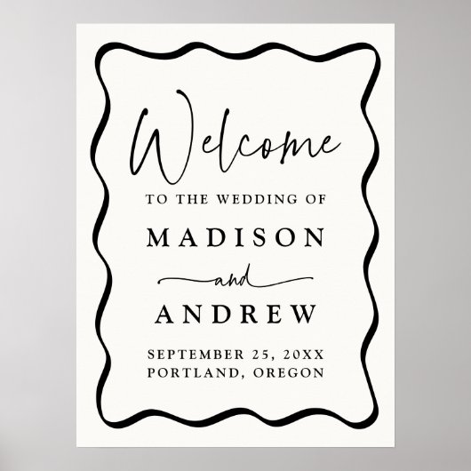 Poster Mariage moderne crème et cadre noir vague Accueil (Devant)