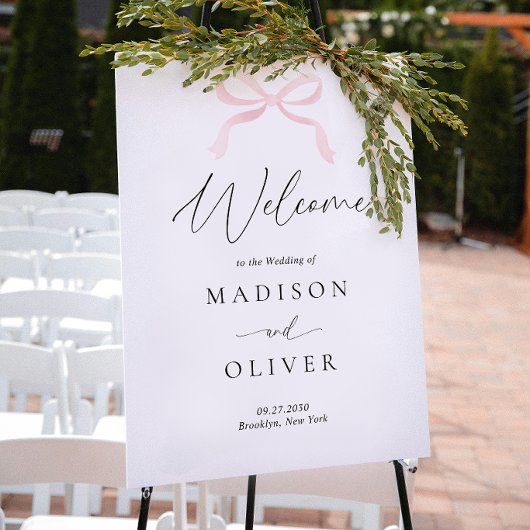 Poster Mariage Moderne Monogramme Rose Pâle avec Ruban de