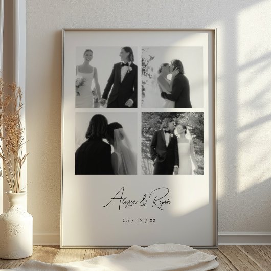 Poster Mariage Moderne Personnalisé 4 Photos Collage