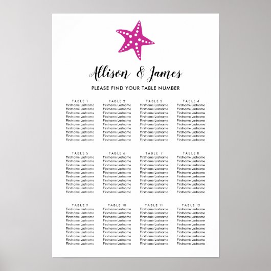 Poster Mariage moderne Starfish Carte de siège Fuchsia ro (Devant)