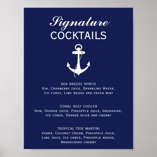 Poster Mariage nautique bleu et blanc Signature Cocktail (Devant)
