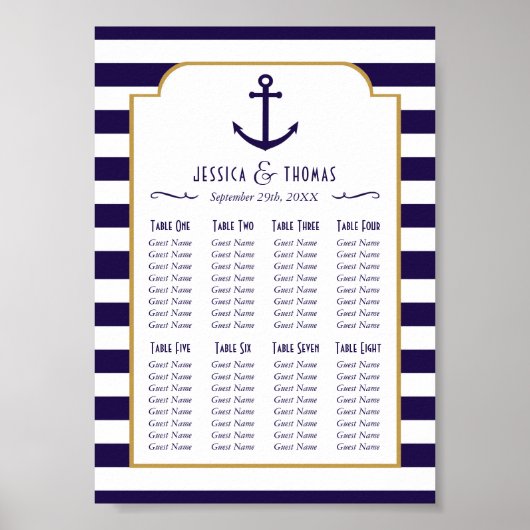 Poster Mariage Nautique Navy & Ancres à Rayures Blanches (Devant)