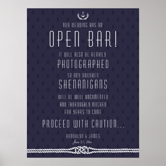 Poster Mariage nautique Open Bar Sign 18x24 Ancres bleues (Devant)