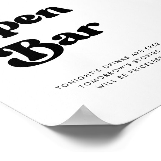 Poster Mariage noir & blanc élégant rétro Open Bar signe (Coin)