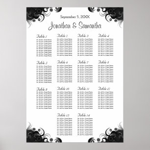 Poster Mariage noir et blanc 14 tables Cartes de sièges