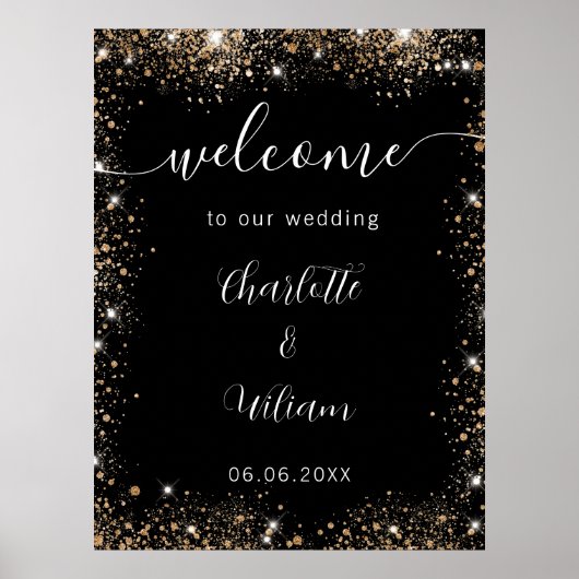 Poster Mariage noir or parties scintillant noms script bi (Devant)