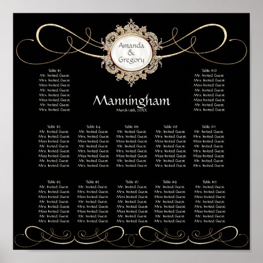 Poster Mariage noir simple Elegant Gold Swirl (Devant)